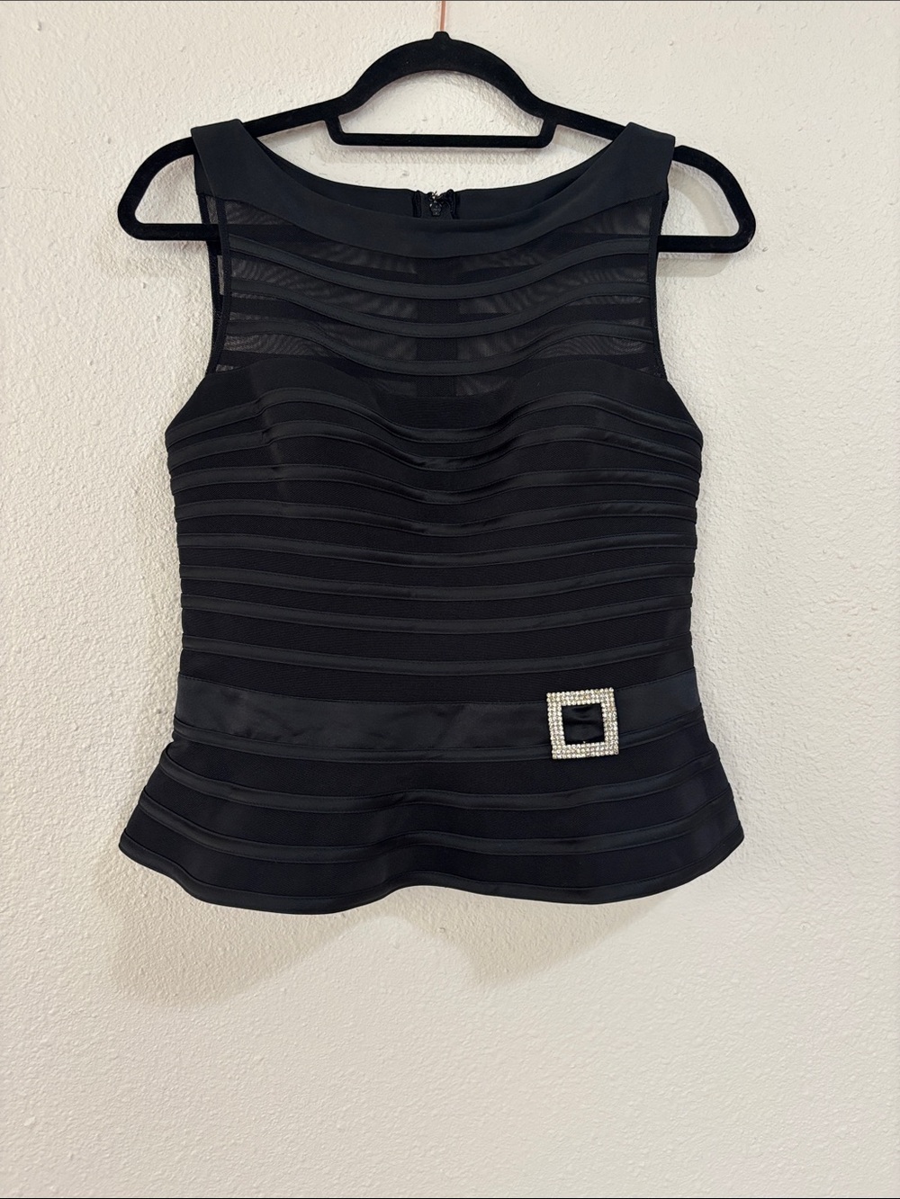 FINAL! Black Sleeveless Peplum Tank with Sheer Upper and Rhinestone Buckle